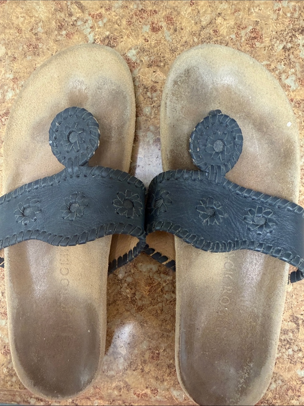 Jack Rogers Black Floral Leather Thong Sandals